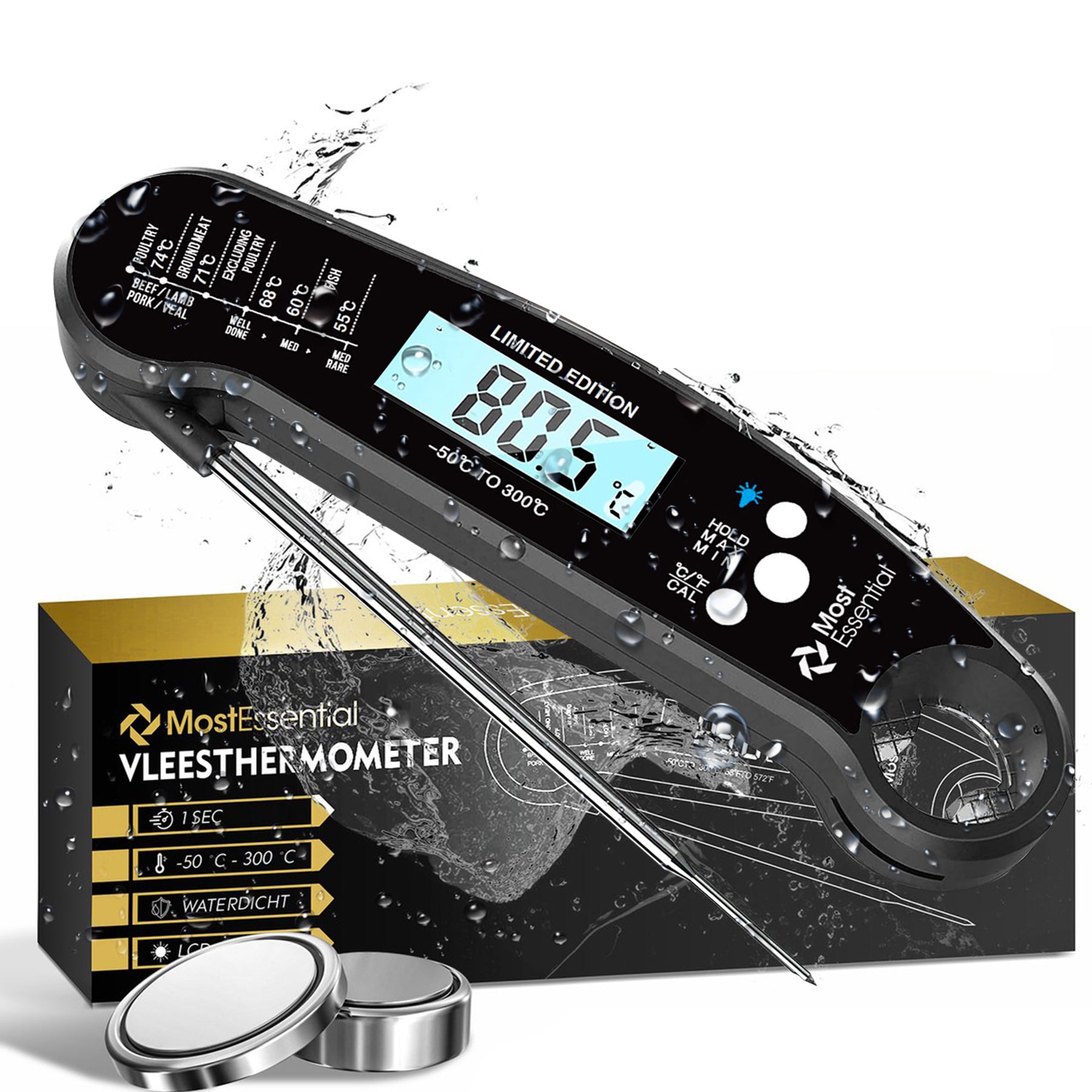 MostEssential Vleesthermometer - Limited Edition Black | 2x Reserve Batterij