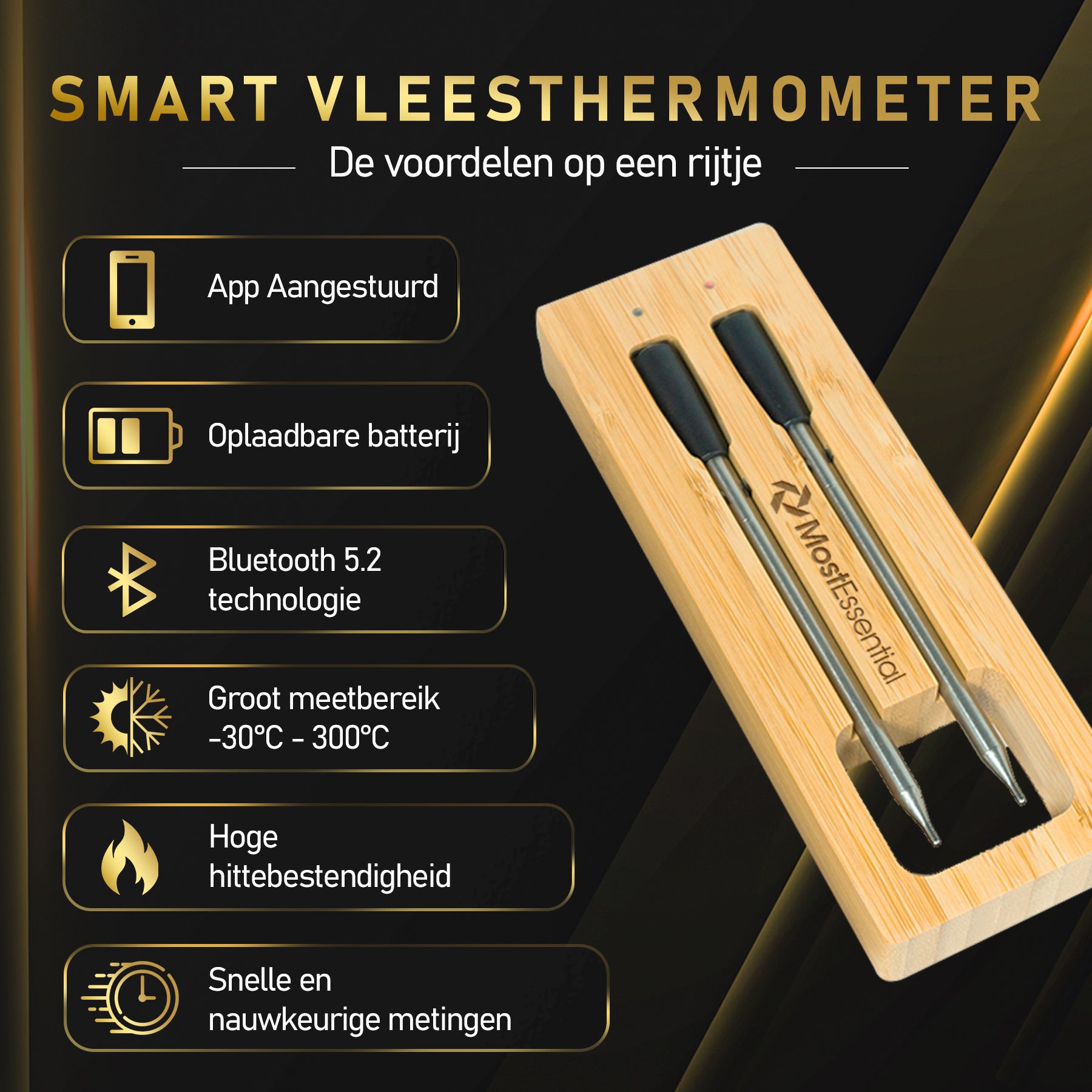 MostEssential Smart Vleesthermometer - Bluetooth 5.2 - Double Probe Edition