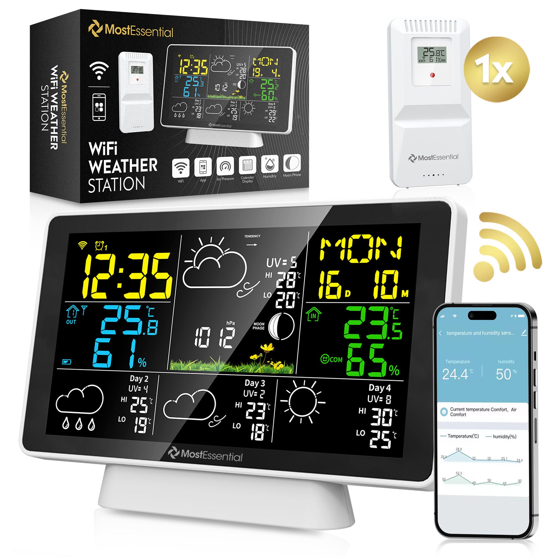 WS6469 Draadloos Weerstation – Met DCF77-klok, Binnen- En Buitentemperatuur, Vochtigheid, Weersvoorspelling, Maanfase, Uitbreidbaar Tot 3 Sensoren